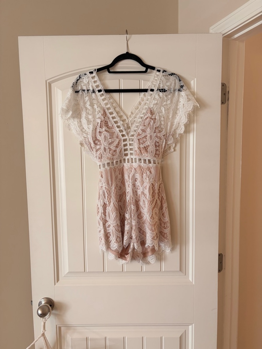 Life Clothing Co. White Lace V-Neck Romper with Nude Lining